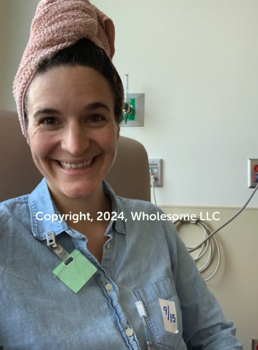 Alison Tierney of Wholesome LLC - a cancer survivor and oncology dietitian - prepares her hair for cold capping during chemotherapy. Copyright, 2024, Wholesome LLC